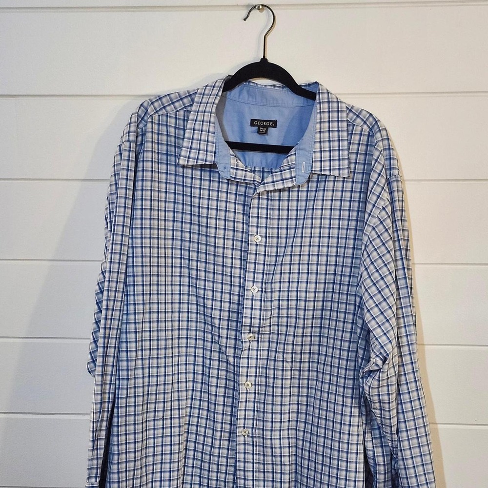 George Mens Ombre Plaid Checkered Button Up Shirt Blue White 3XL Long Sleeve